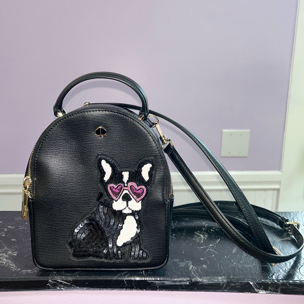Kate Spade Black Leather French Bulldog Patch Crossbody Bag